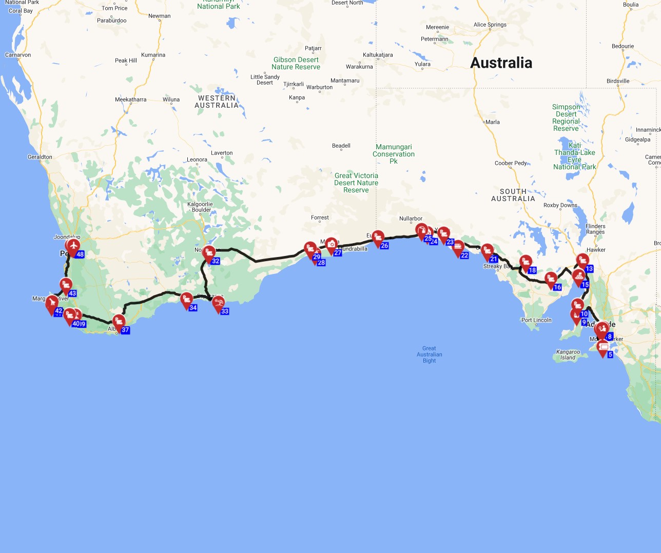 Map for Adelaide to Perth - Southern Shores Explorer
